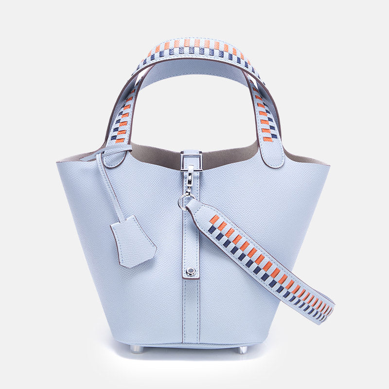 Women’s Genuine Leather Palm-Textured Contrast Handle Bucket Bag image 7