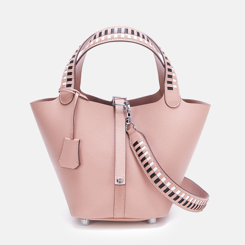 Women’s Genuine Leather Palm-Textured Contrast Handle Bucket Bag image 8