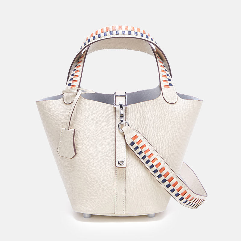 Women’s Genuine Leather Palm-Textured Contrast Handle Bucket Bag image 9