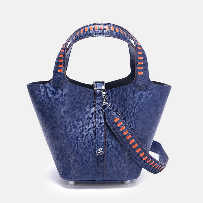Women’s Genuine Leather Palm-Textured Contrast Handle Bucket Bag image 10