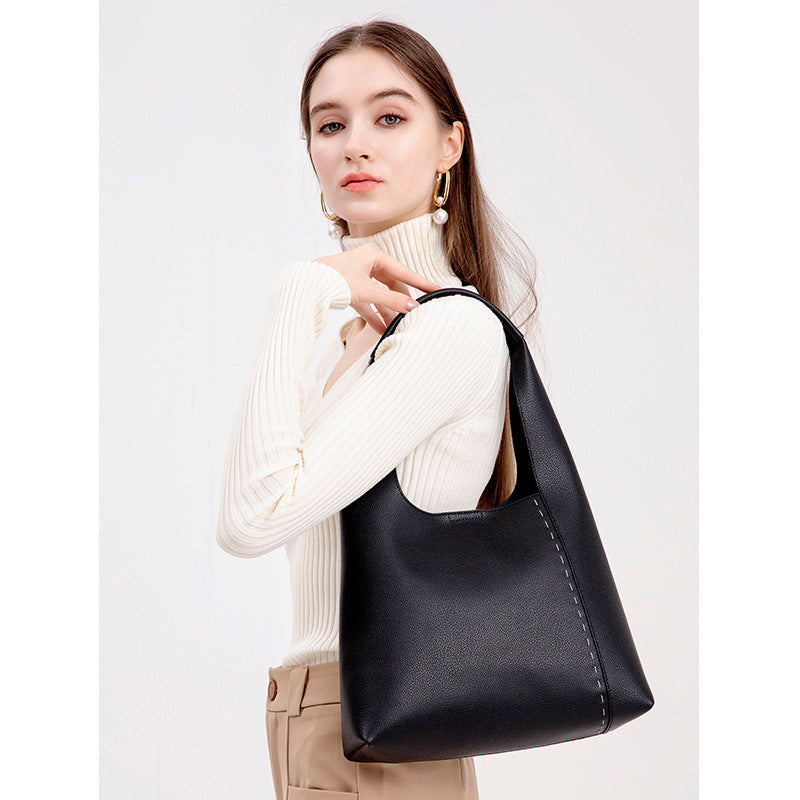 Women’s Minimalism Genuine Leather Patchwork Shoulder Hobo Bag image 2