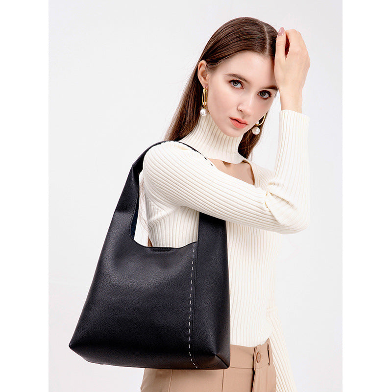 Women’s Minimalism Genuine Leather Patchwork Shoulder Hobo Bag image 3