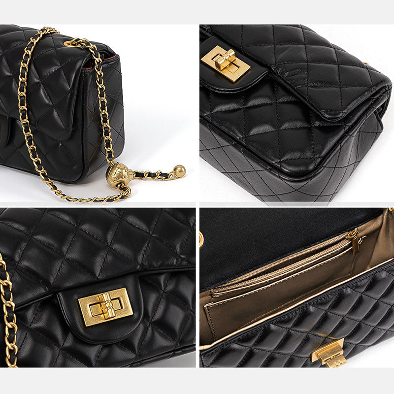 Women’s Genuine Leather Quilted Button Chain Shoulder Crossbody Bag image 4