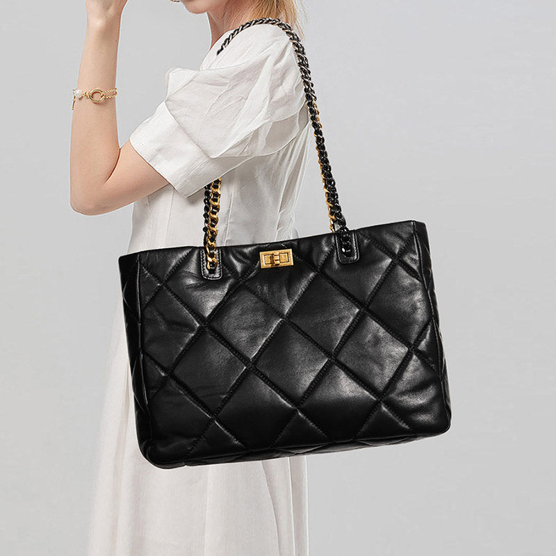 Women’s Genuine Leather Quilted Chain Crossbody Tote Bag image