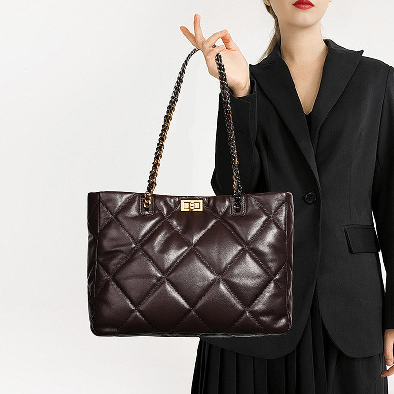 Women’s Genuine Leather Quilted Chain Crossbody Tote Bag image 6