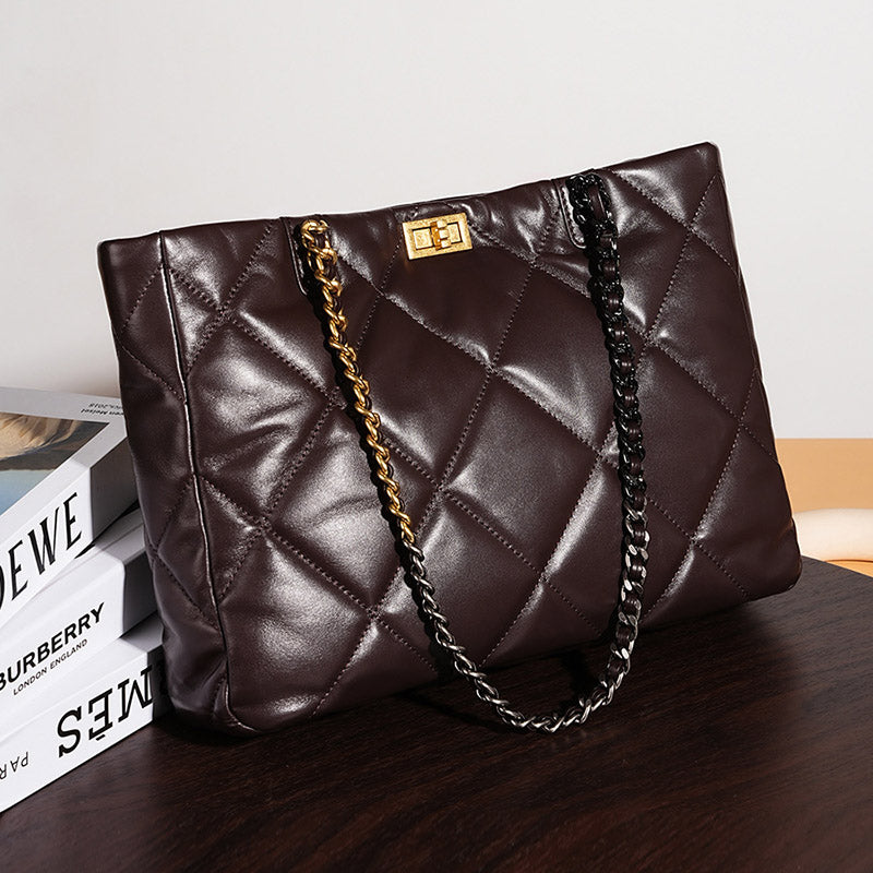 Women’s Genuine Leather Quilted Chain Crossbody Tote Bag image 5