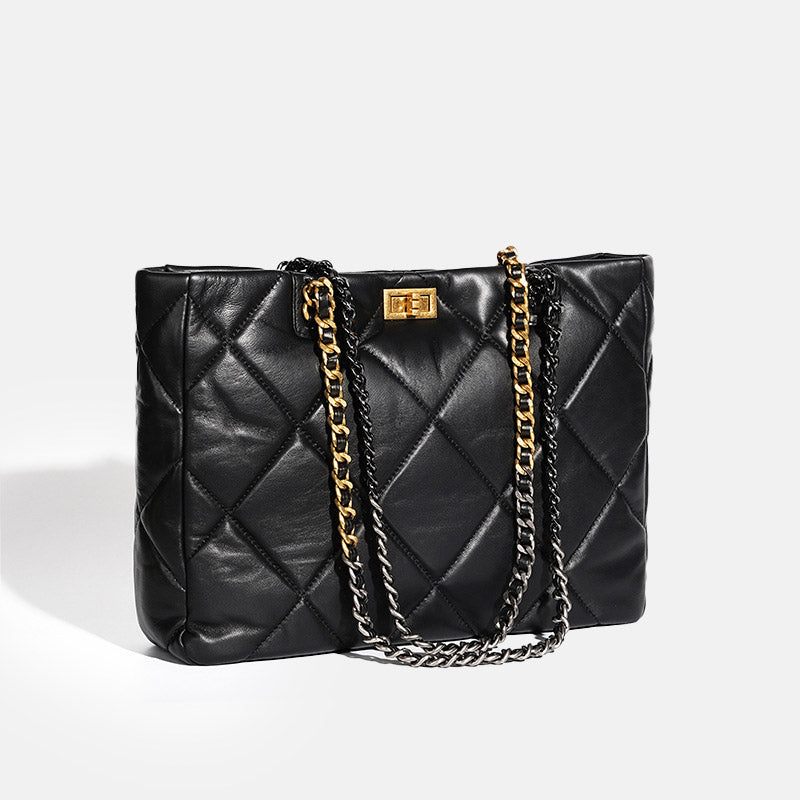 Women’s Genuine Leather Quilted Chain Crossbody Tote Bag image 2