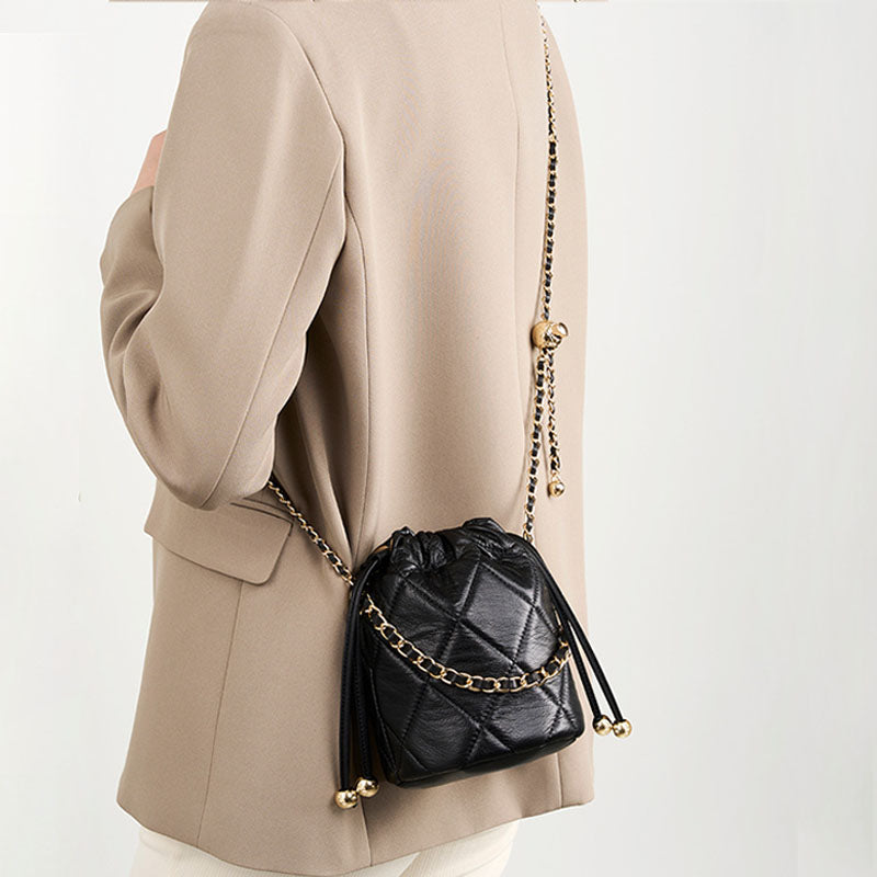 Women’s Genuine Leather Quilted Drawstring Single Shoulder Crossbody Chain Bucket Bag image 3