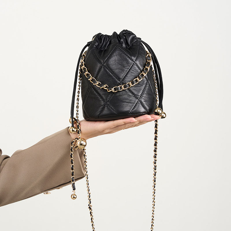 Women’s Genuine Leather Quilted Drawstring Single Shoulder Crossbody Chain Bucket Bag image 2