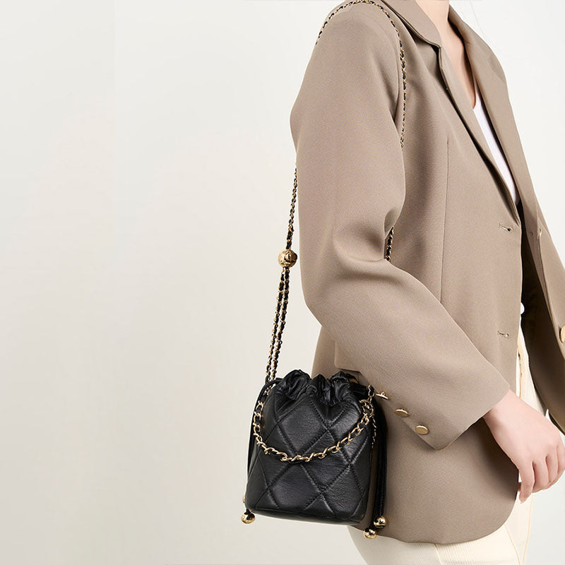 Women’s Genuine Leather Quilted Drawstring Single Shoulder Crossbody Chain Bucket Bag image 4