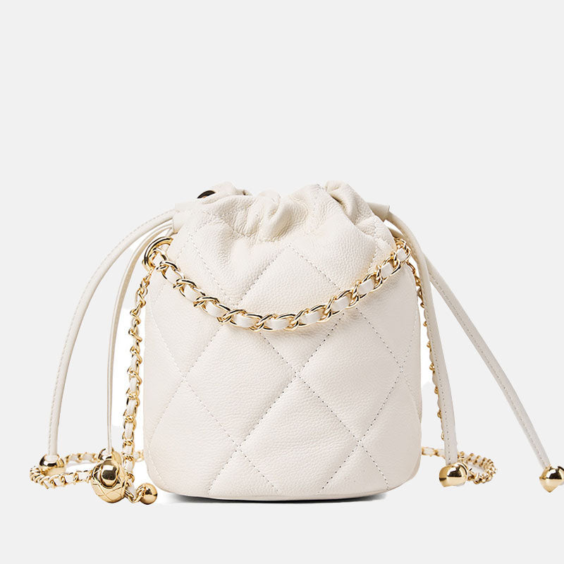Women’s Genuine Leather Quilted Drawstring Single Shoulder Crossbody Chain Bucket Bag image 5