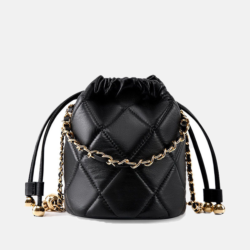 Women’s Genuine Leather Quilted Drawstring Single Shoulder Crossbody Chain Bucket Bag image