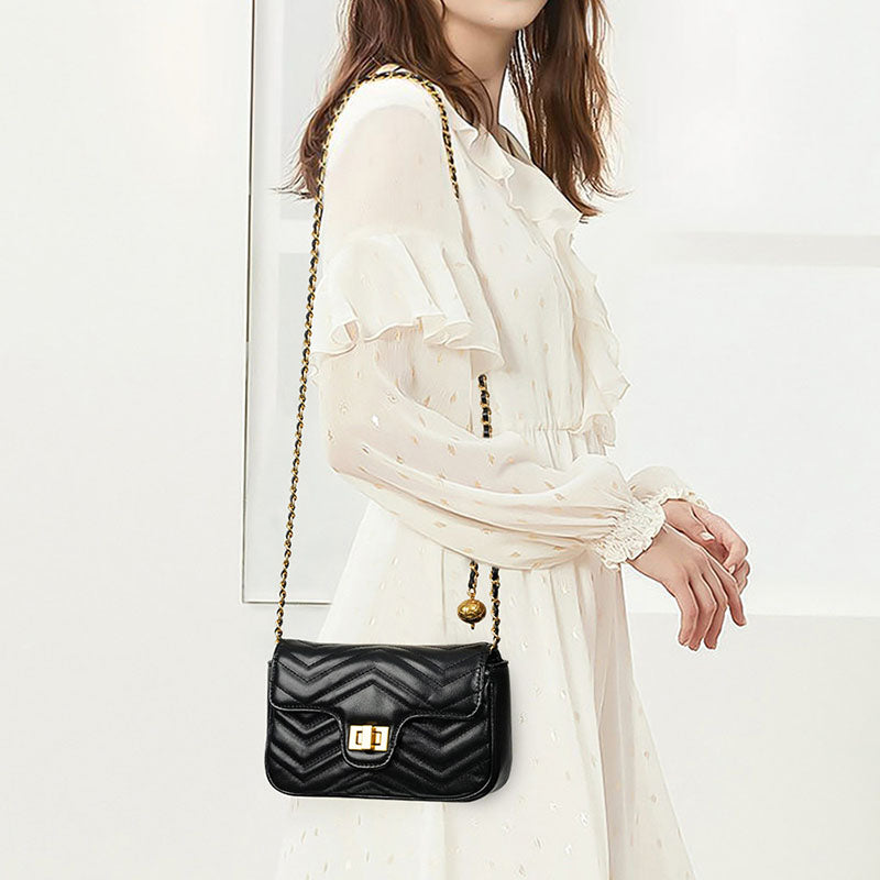 Women’s Genuine Leather Quilted Lock Chain Crossbody Shoulder Bag In Minimalist image 4