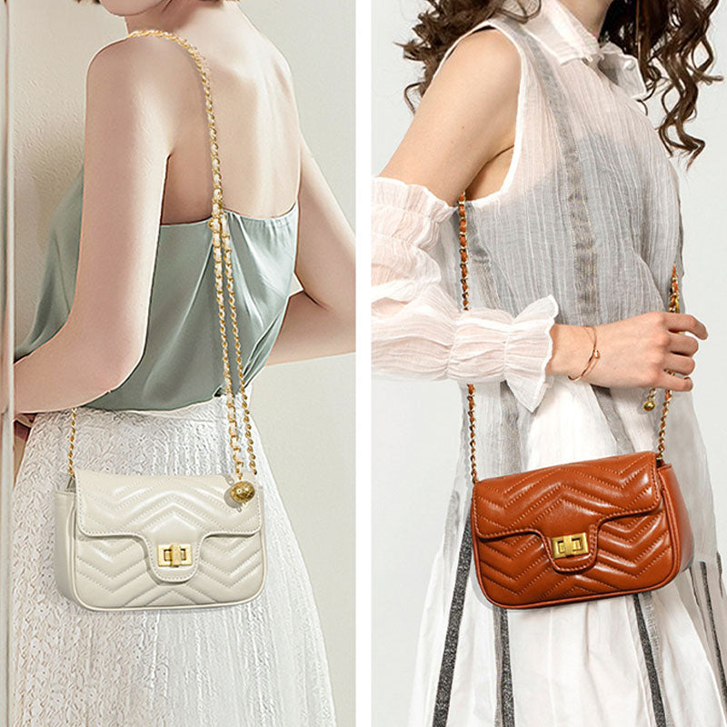 Women’s Genuine Leather Quilted Lock Chain Crossbody Shoulder Bag In Minimalist image 7