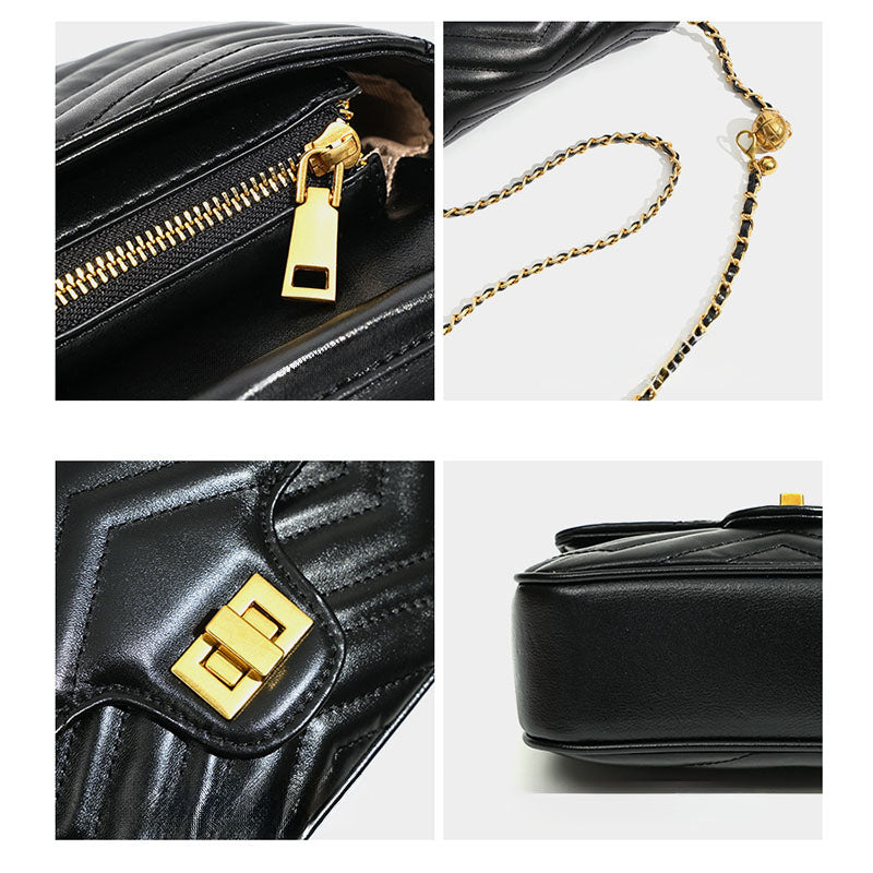 Women’s Genuine Leather Quilted Lock Chain Crossbody Shoulder Bag In Minimalist image 2