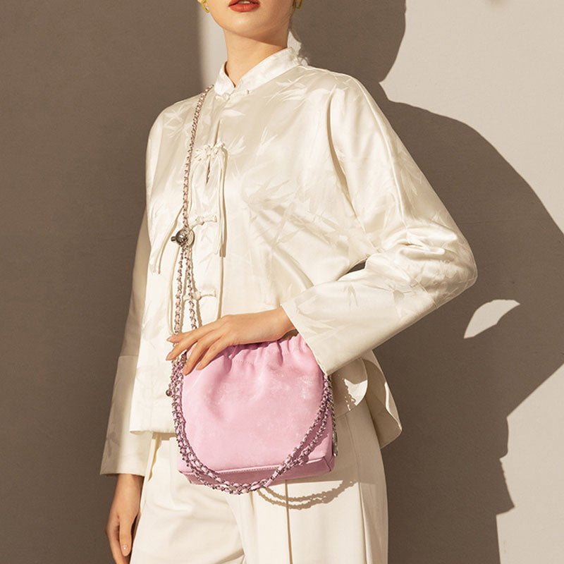 Women’s Genuine Leather Satin Face Chain Crossbody Shoulder Bucket Bag image 2