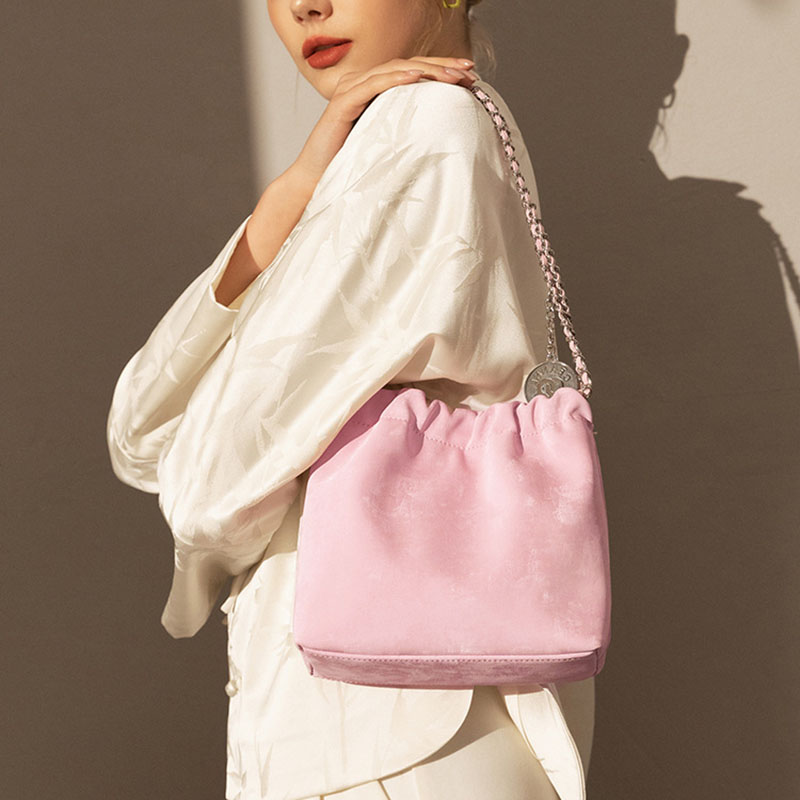 Women’s Genuine Leather Satin Face Chain Crossbody Shoulder Bucket Bag image