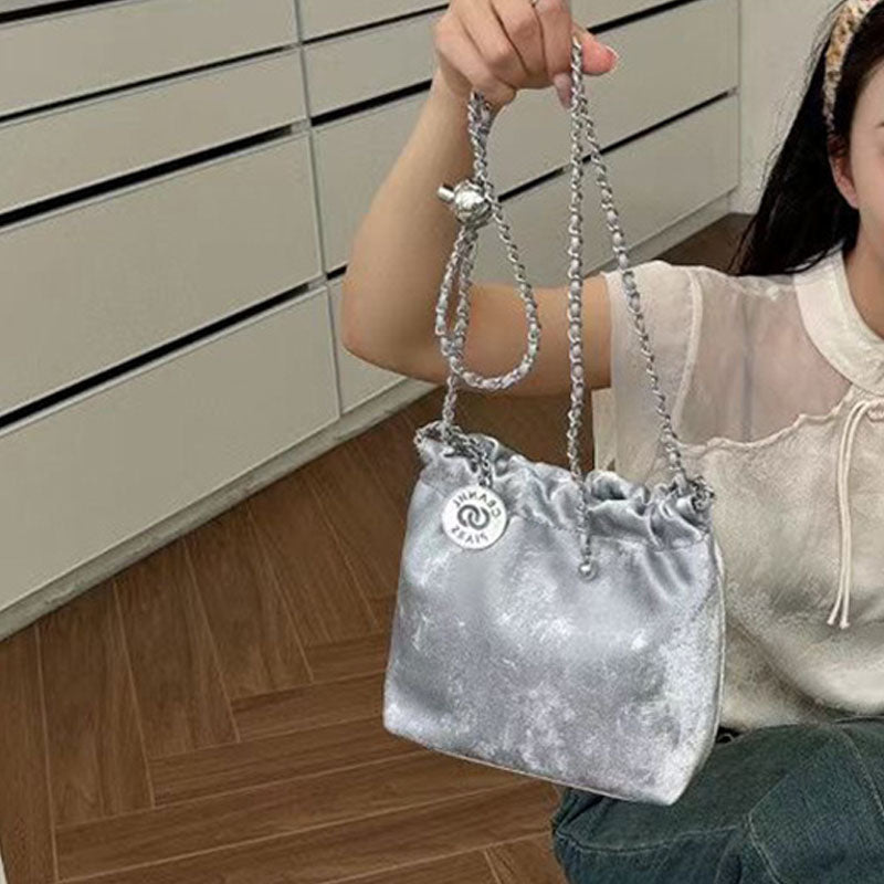Women’s Genuine Leather Satin Face Chain Crossbody Shoulder Bucket Bag image 3