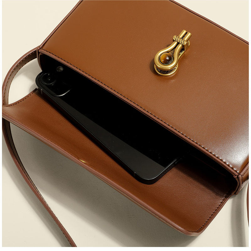 Women’s Genuine Leather Shoulder Baguette Bag with Gold-Tone Hardware image 3
