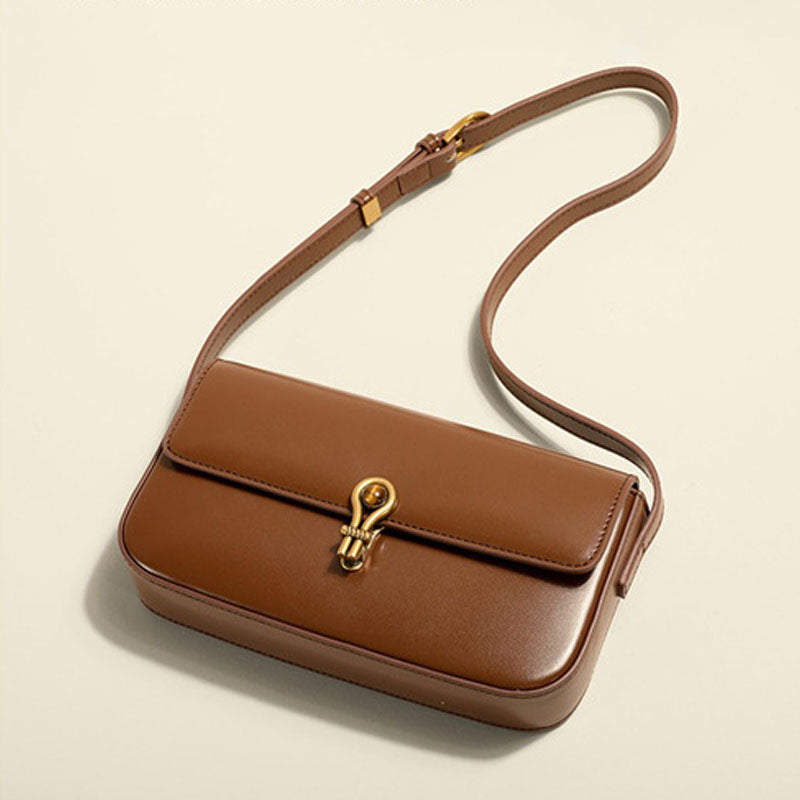 Women’s Genuine Leather Shoulder Baguette Bag with Gold-Tone Hardware image 2