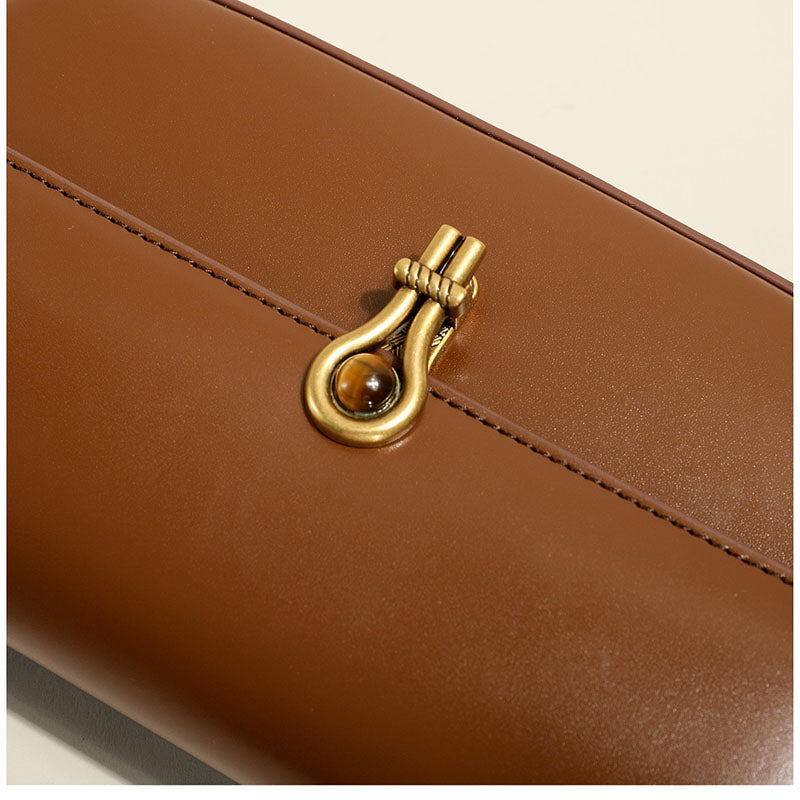 Women’s Genuine Leather Shoulder Baguette Bag with Gold-Tone Hardware image 6