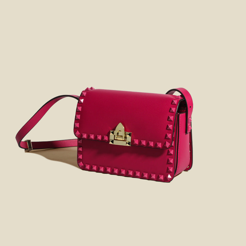 Women’s Genuine Leather Studded Lock Closure Baguette Bag image 3
