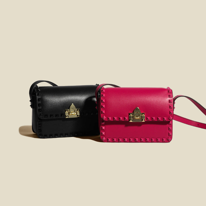 Women’s Genuine Leather Studded Lock Closure Baguette Bag image 5