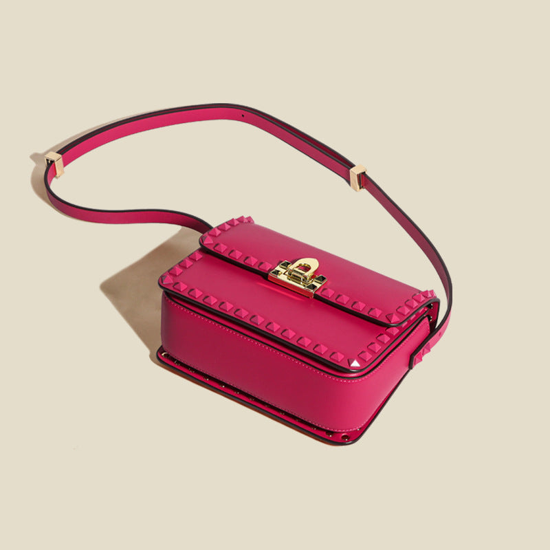 Women’s Genuine Leather Studded Lock Closure Baguette Bag image 4