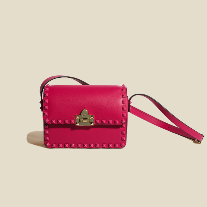 Women’s Genuine Leather Studded Lock Closure Baguette Bag image 2
