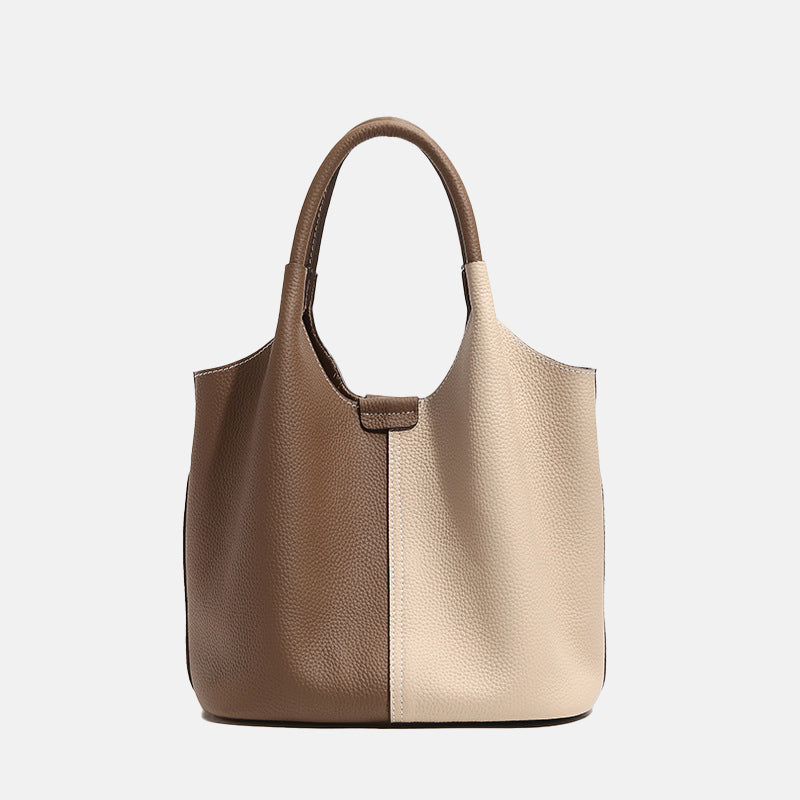 Women’s Genuine Leather Tote Bag with Color Block Design image