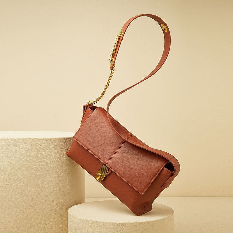 Women’s Genuine Leather Vintage Lock Chain Strap Baguette Bag image 2