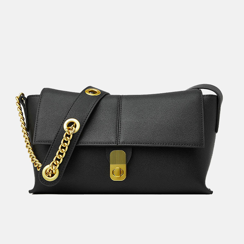 Women’s Genuine Leather Vintage Lock Chain Strap Baguette Bag image 3