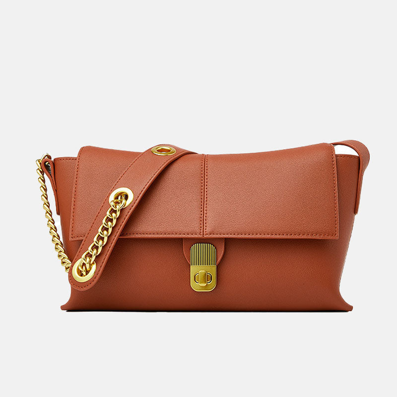 Women’s Genuine Leather Vintage Lock Chain Strap Baguette Bag image