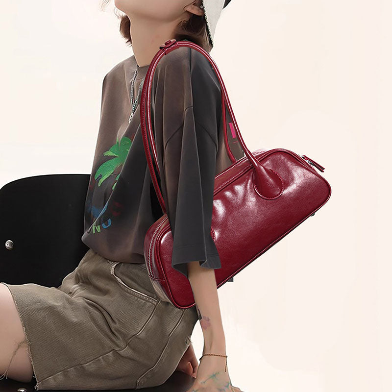 Women’s Genuine Leather Zipper Shoulder Baguette Bag In Vintage image 2