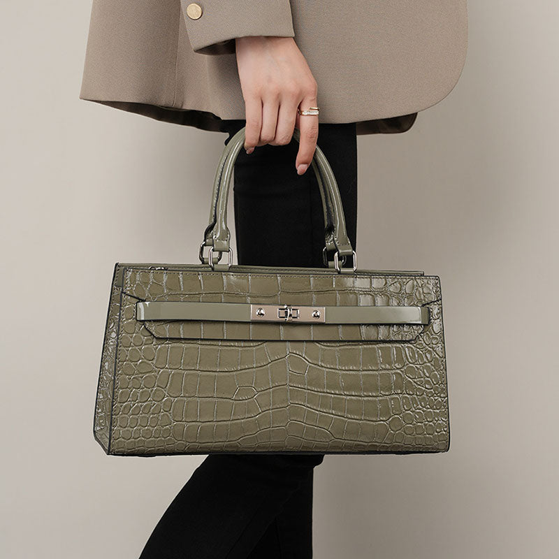 Women’s Gray Patent Crocodile Leather Lock Buckle Top Handle Crossbody Bag image 3