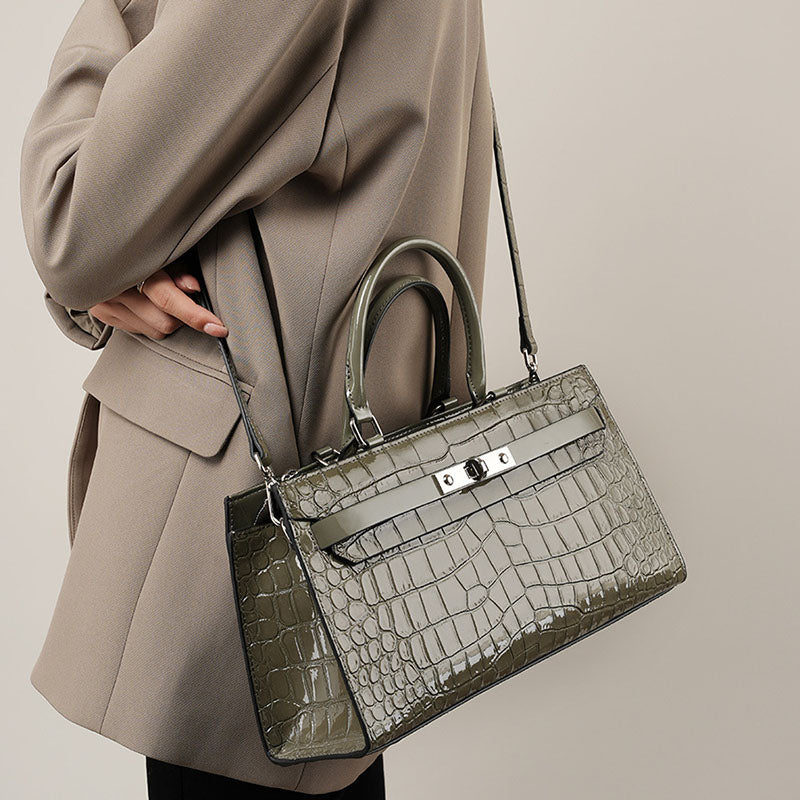 Women’s Gray Patent Crocodile Leather Lock Buckle Top Handle Crossbody Bag image 4