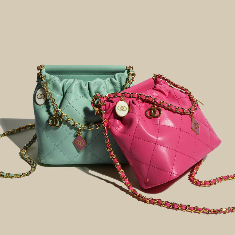 Women’s Leather Quilted Chain Crossbody Bucket Bag image 5