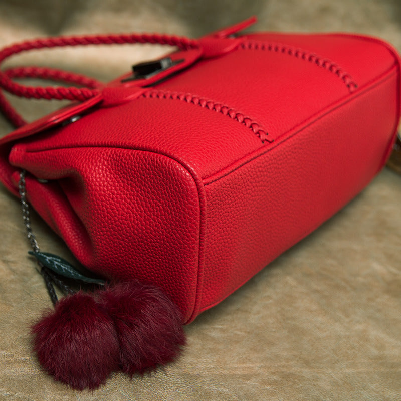 Women’s Lychee Pattern Genuine Leather Lock Buckle Woven Handle Crossbody Shoulder Bag image 5