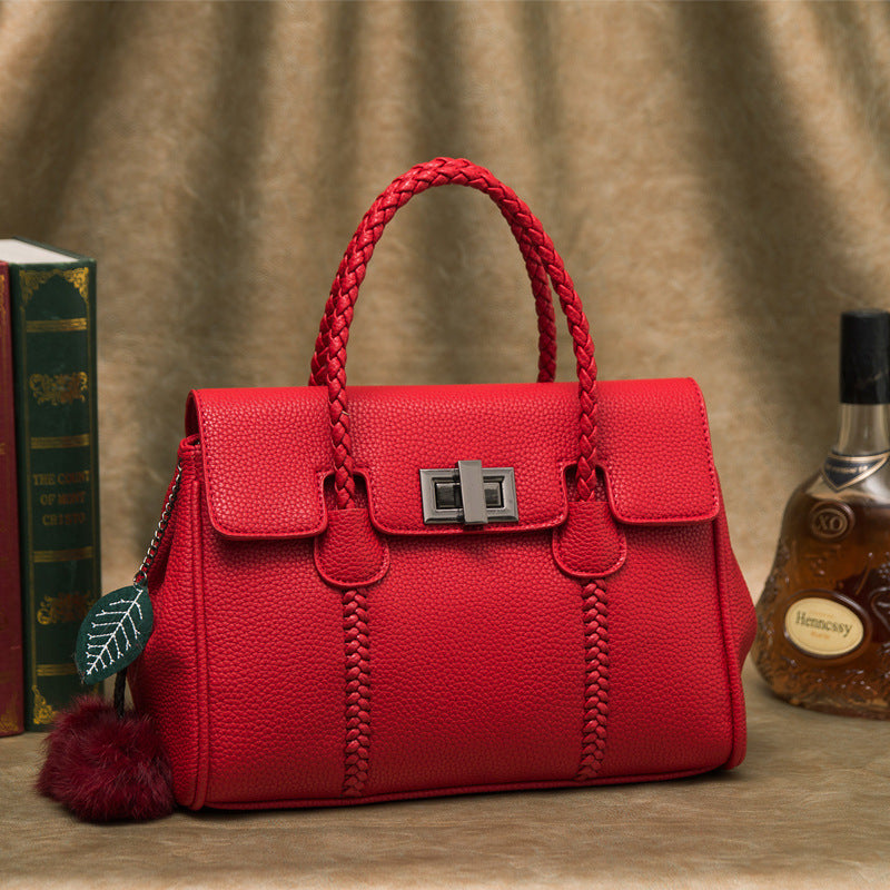 Women’s Lychee Pattern Genuine Leather Lock Buckle Woven Handle Crossbody Shoulder Bag image 2