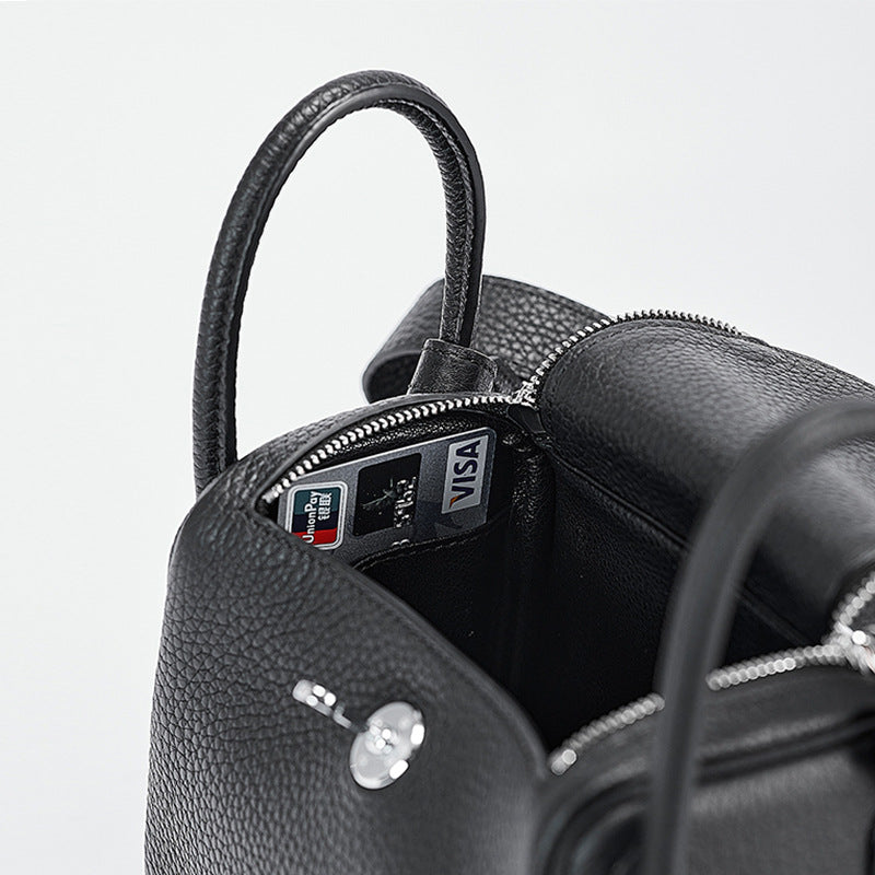 Women’s Mini Black Genuine Leather Lychee texture Crossbody Handbag image 5