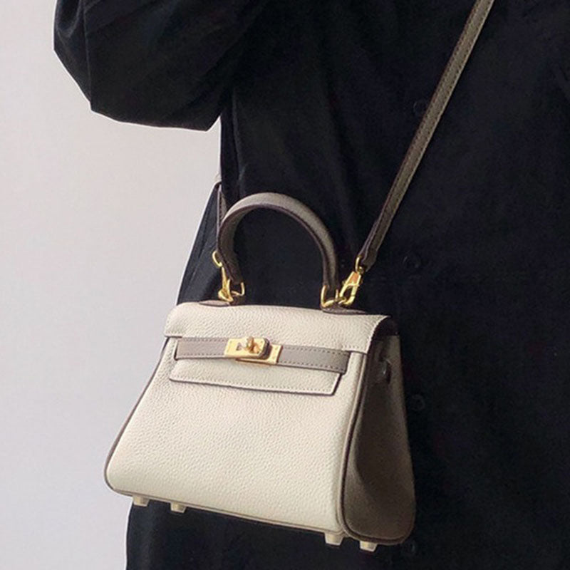 Women’s Mini Gray With White Leather Lock Closure Crossbody Top Handle Bag image 4