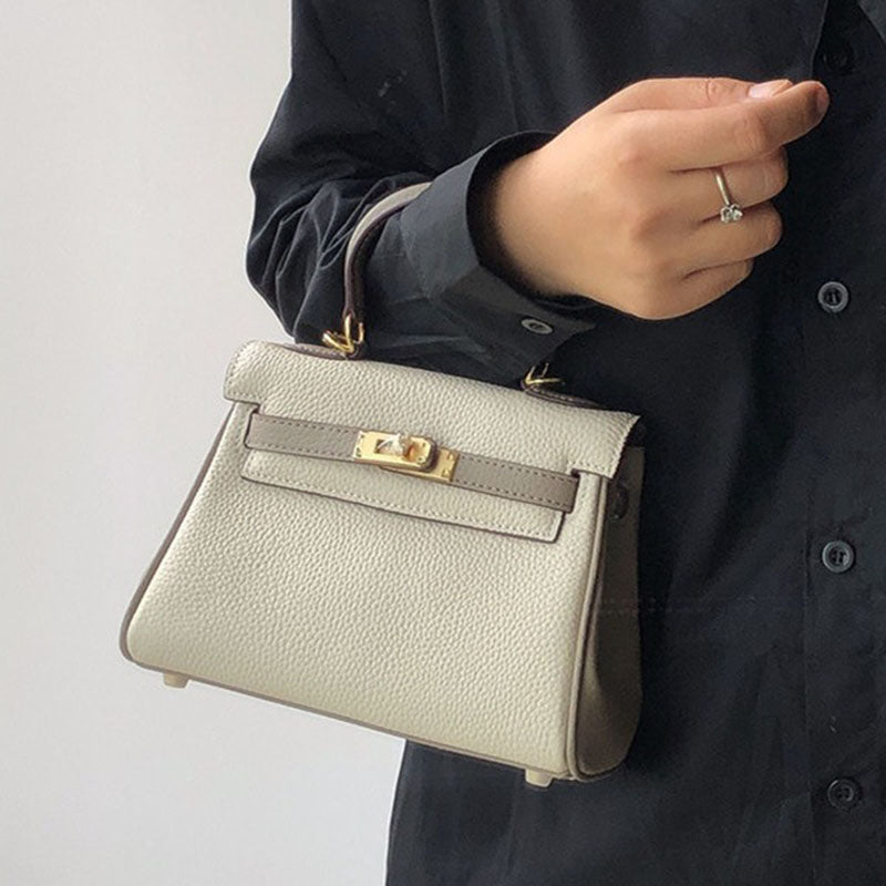 Women’s Mini Gray With White Leather Lock Closure Crossbody Top Handle Bag image 5