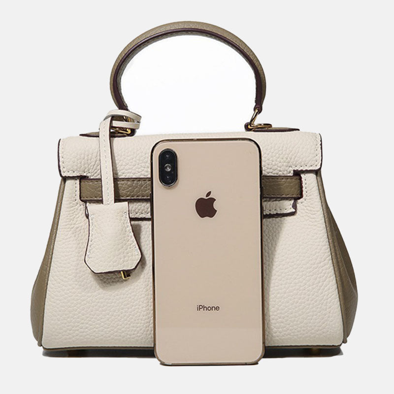 Women’s Mini Gray With White Leather Lock Closure Crossbody Top Handle Bag image 2