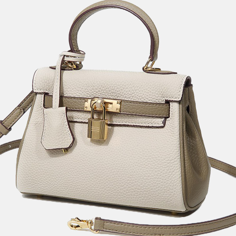 Women’s Mini Gray With White Leather Lock Closure Crossbody Top Handle Bag image