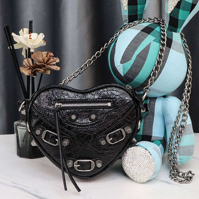 Women’s Mini Leather Studded Heart Shape Crossbody Chain Bag image