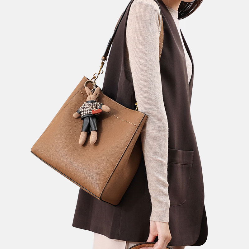 Women’s Minimal Genuine Leather Tote with Rabbit image 2