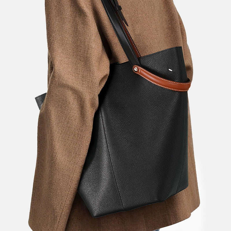 Women’s Minimalist Black Genuine Leather Bucket Tote Bag image 5