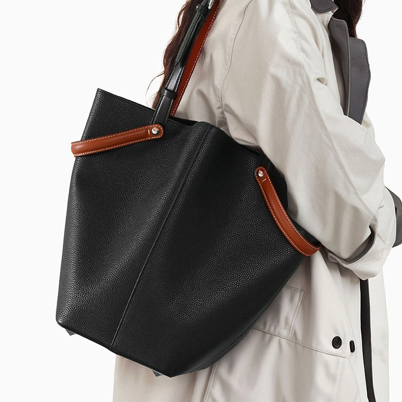 Women’s Minimalist Black Genuine Leather Bucket Tote Bag image 4