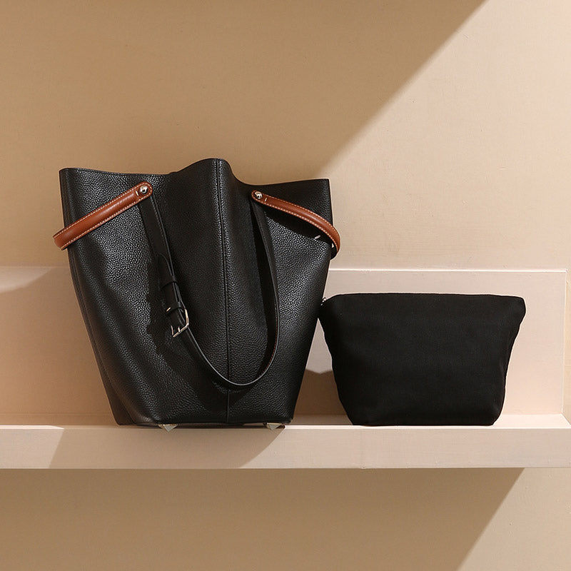 Women’s Minimalist Black Genuine Leather Bucket Tote Bag image 3