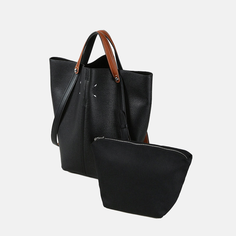 Women’s Minimalist Black Genuine Leather Bucket Tote Bag image 2